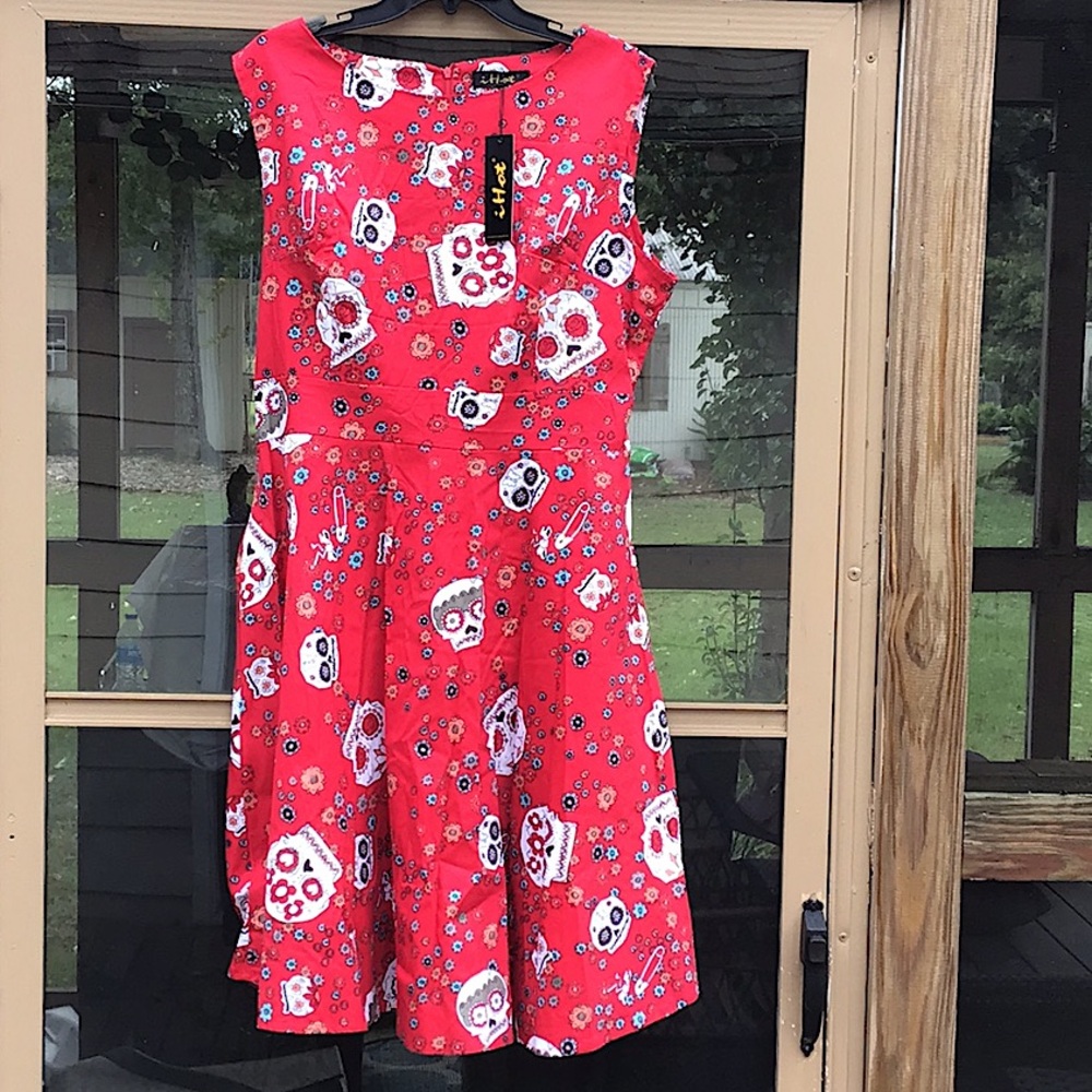 I Hot Red White Sugar Skull/Floral  Retro Swing Dress